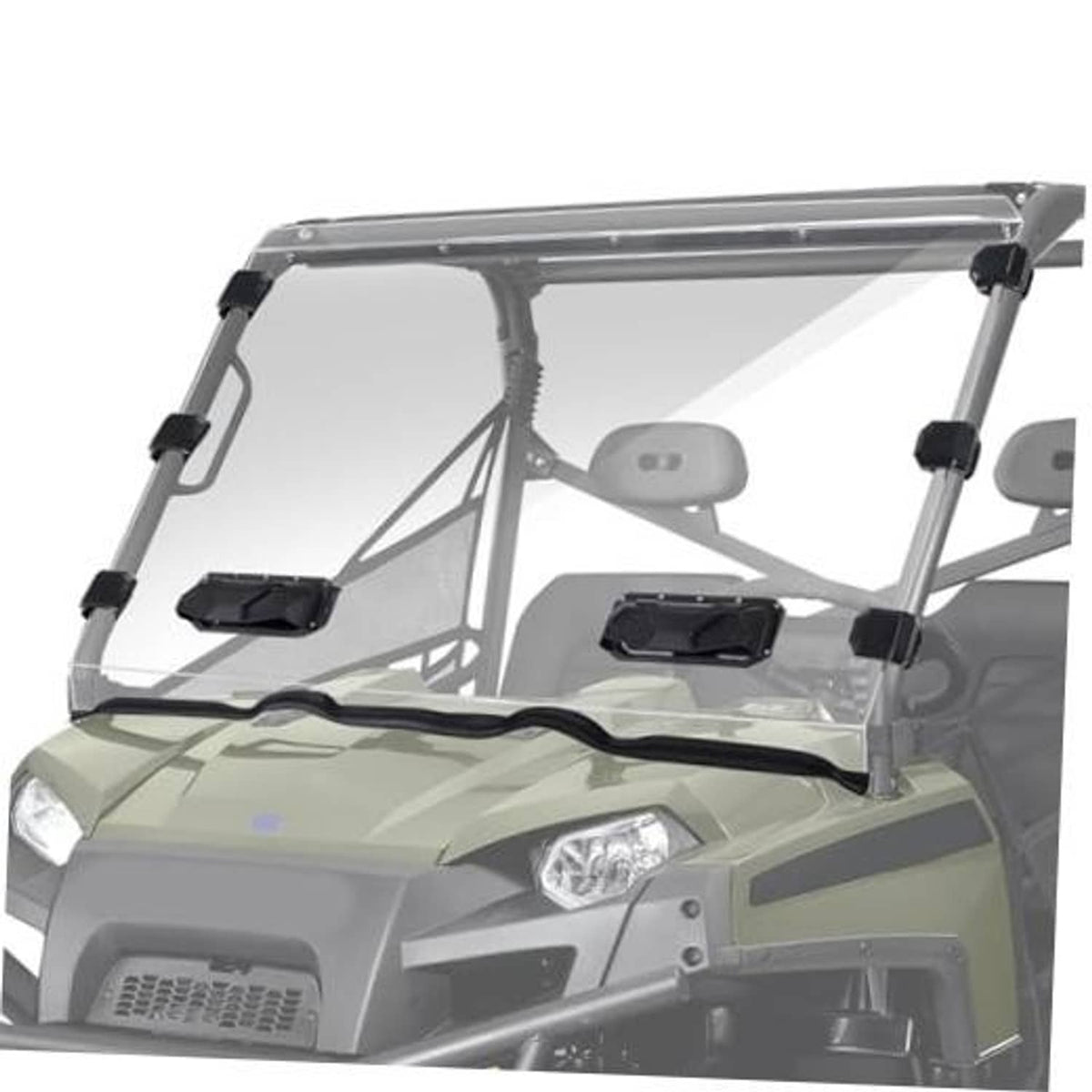 Vented front windshield with black mounting brackets for off-road UTV, clear panel