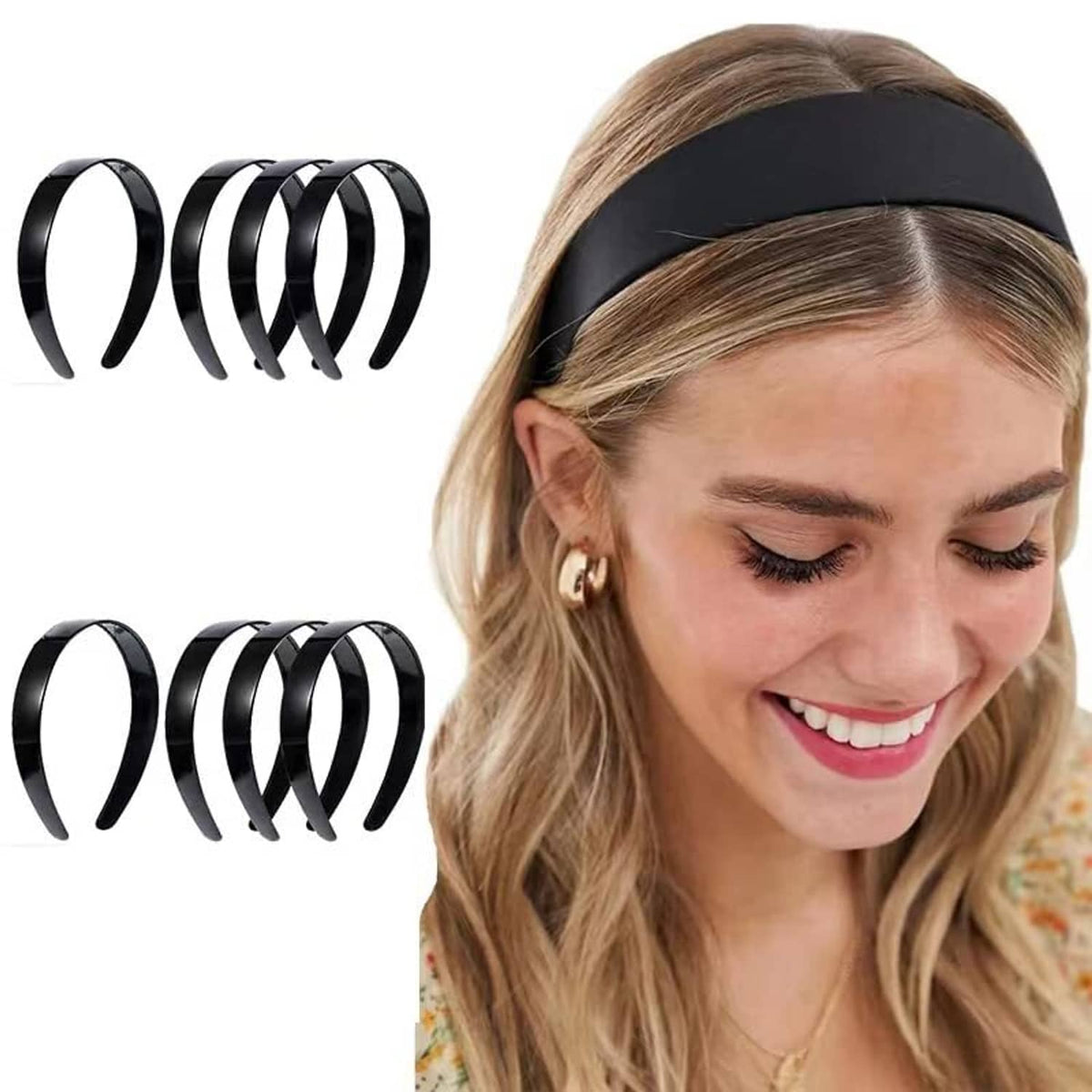 Black elastic headband with teeth worn by woman; matching bands shown