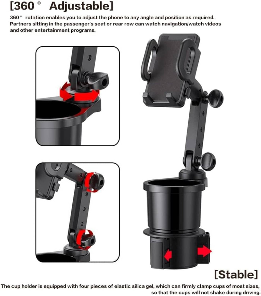 Adjustable black car phone mount with clamp arm above a cup holder base