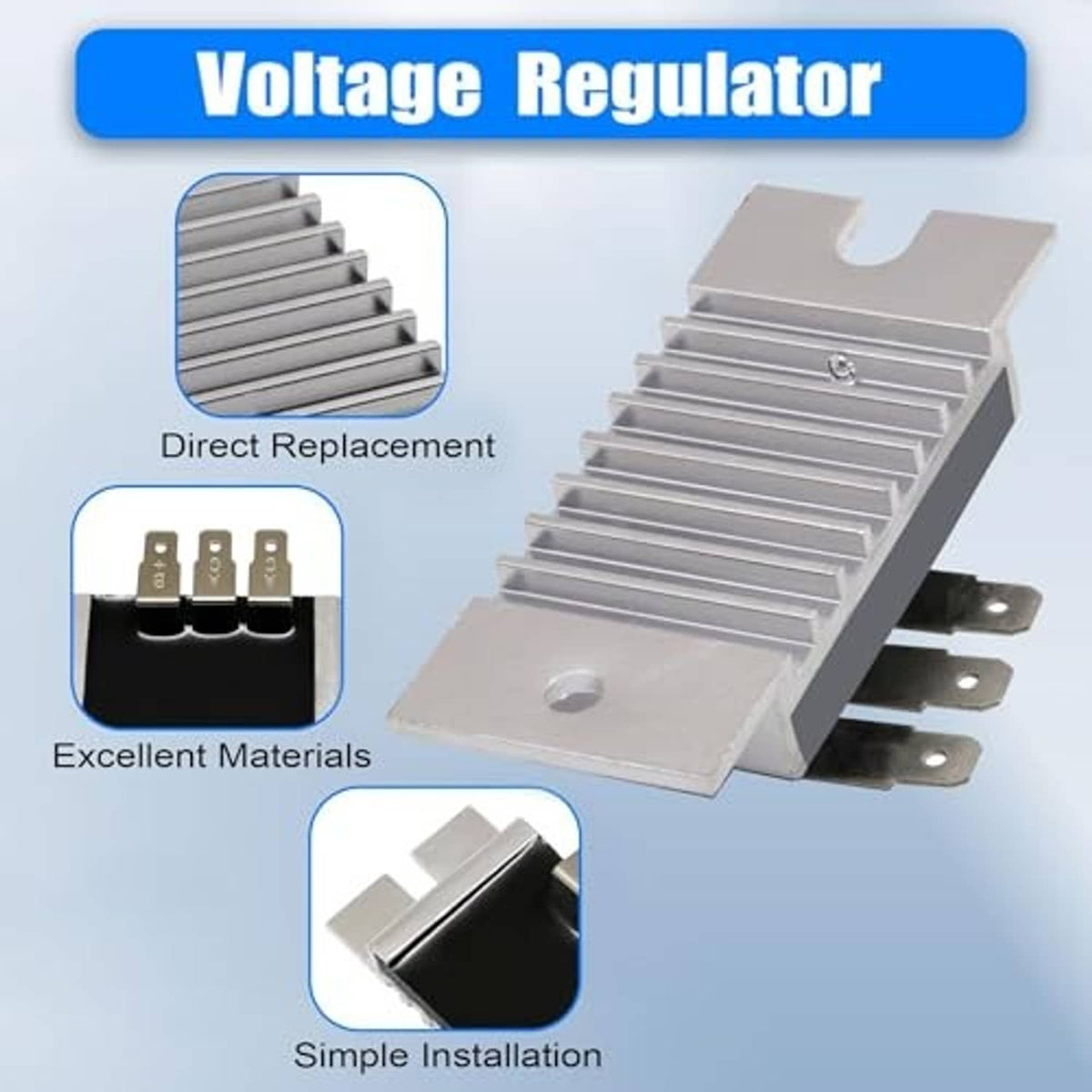 Voltage regulator rectifier with silver cooling fins and black connector block on metal bracket