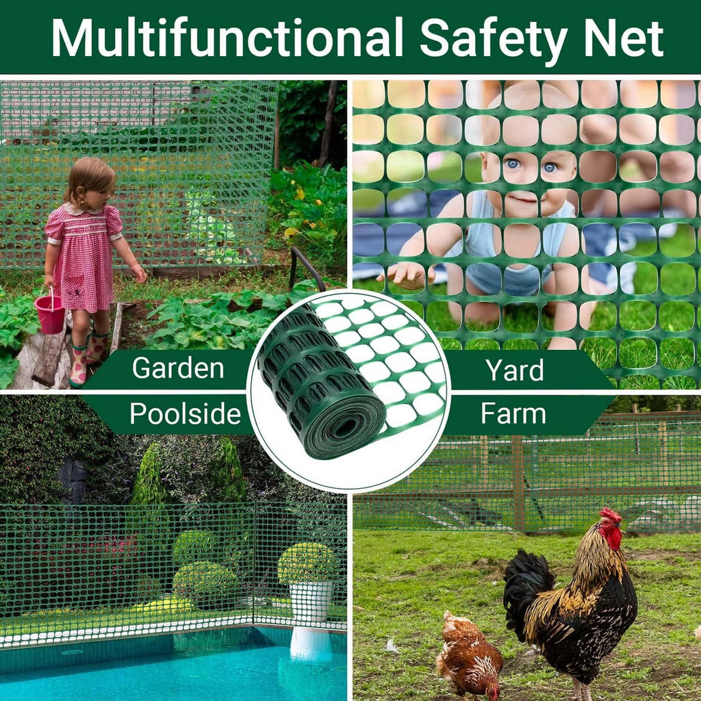 Green plastic mesh safety fence with square openings; barrier for yard and garden