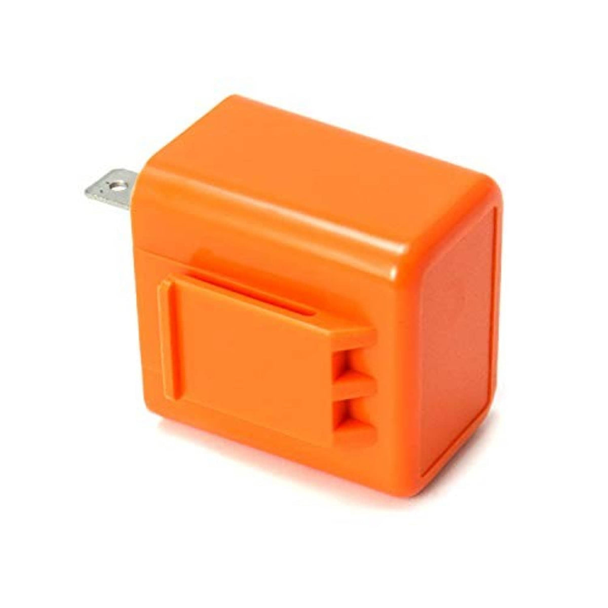 Orange 2-pin flasher relay side view with two metal blade terminals