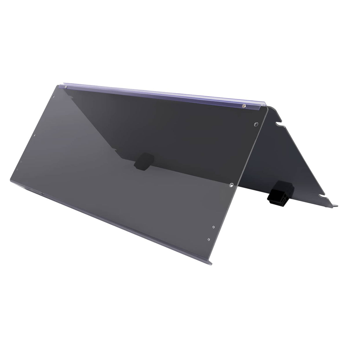 Tinted fold-down windshield screen, dark smoked panel with mounting hardware and hinges.