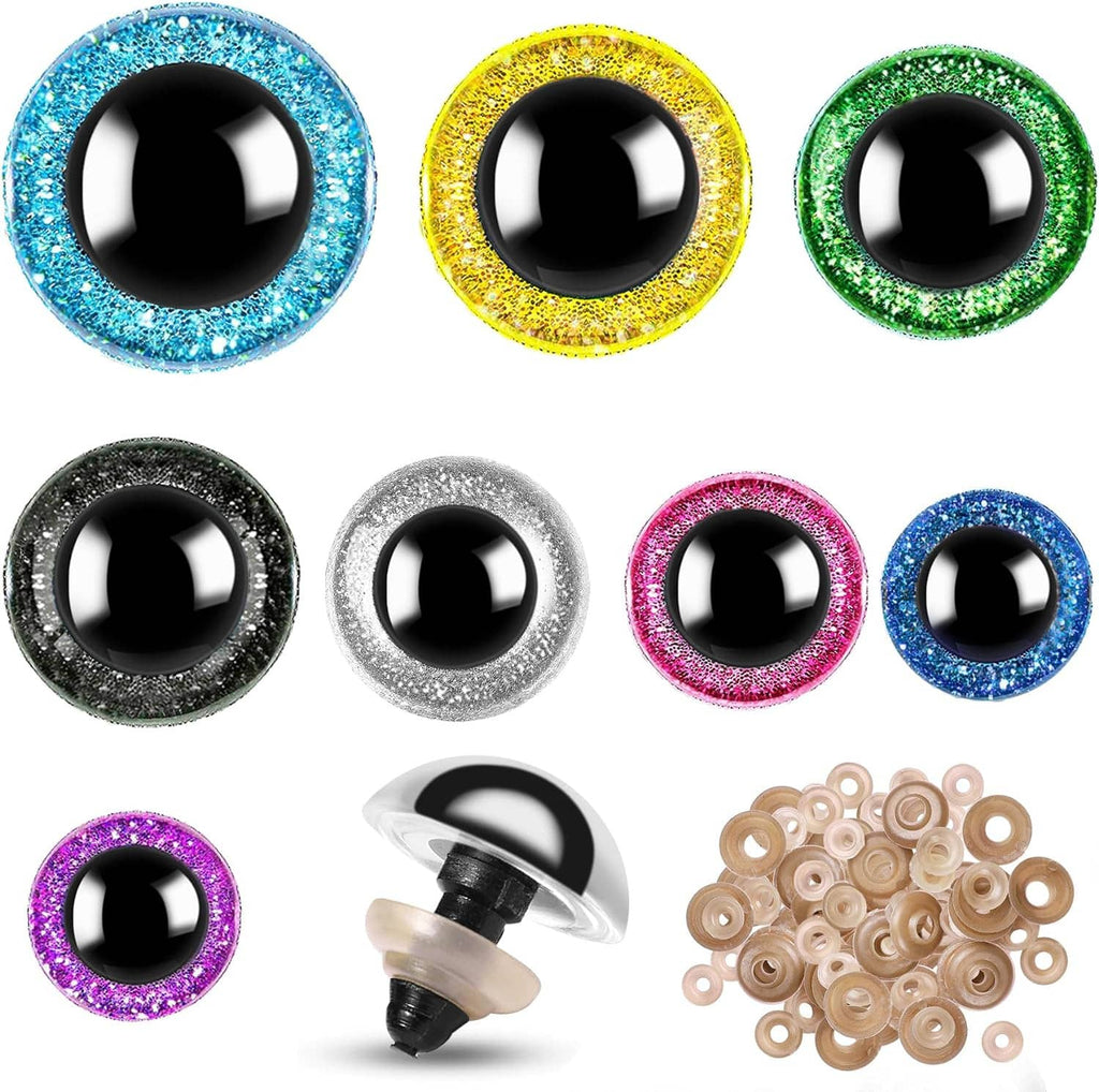 Assorted glitter safety eyes with screw-on backs and washers in multiple colors