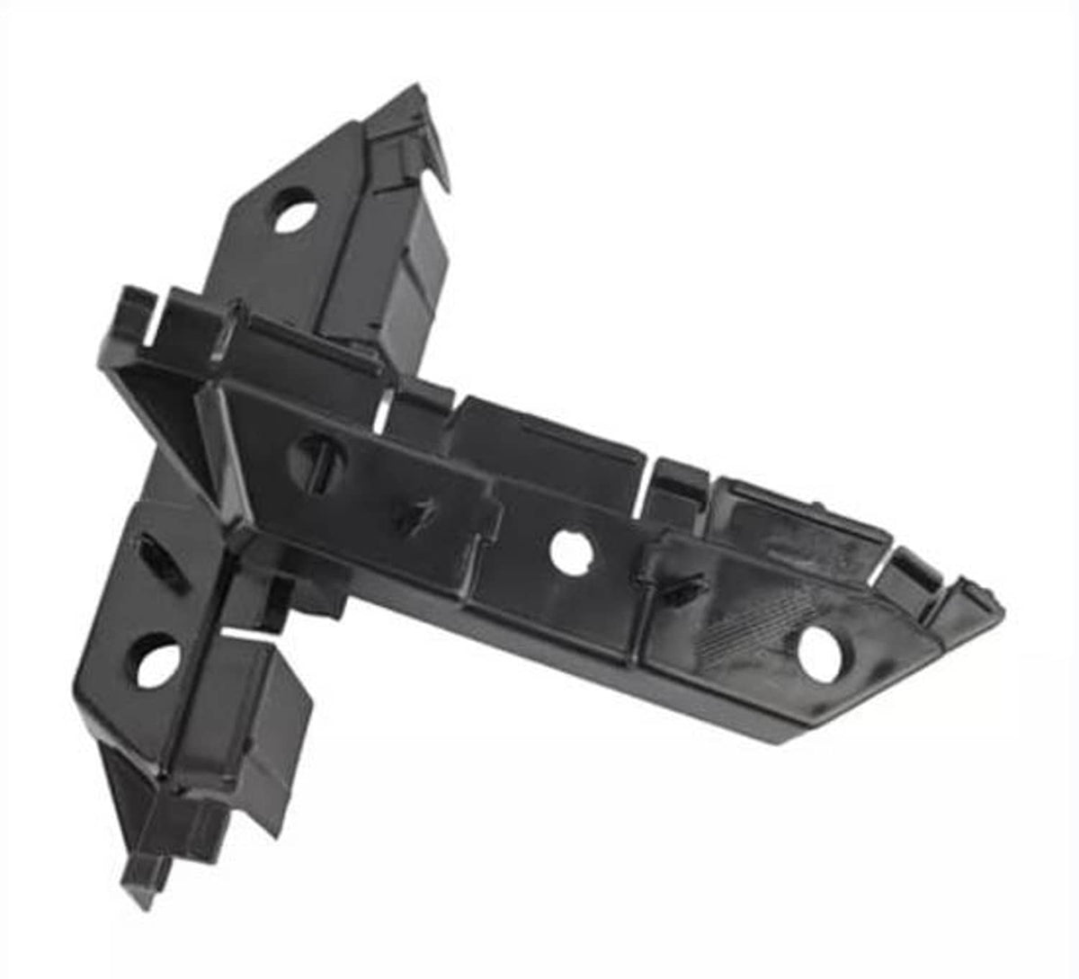 Single front bumper retainer bracket bar with mounting clips and holes, black plastic