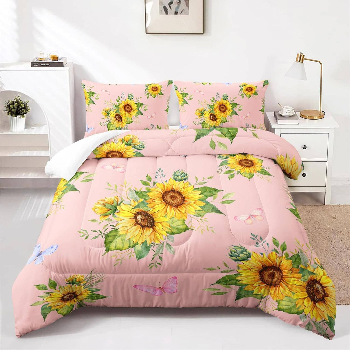 Pink sunflower comforter set with two floral pillow shams and butterfly accents