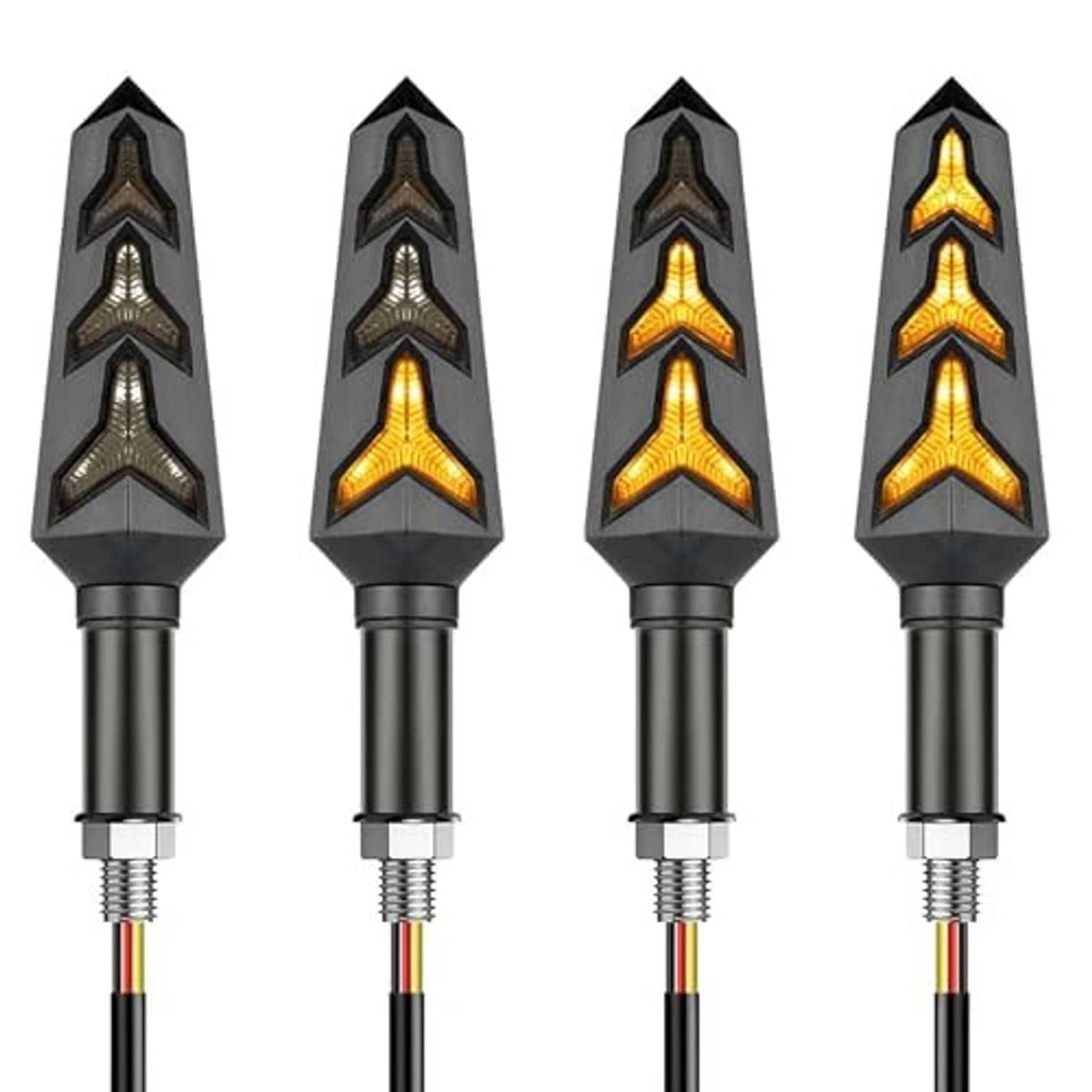 Set of 4 motorcycle LED turn signals showing amber flowing arrow patterns on black cases