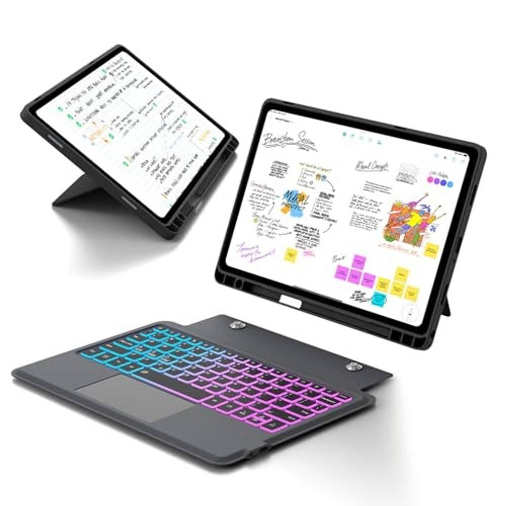 Tablet keyboard case open with rainbow backlit keys and detachable keyboard