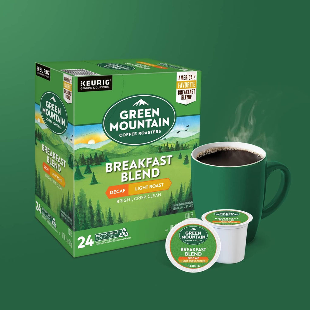 Green Mountain Breakfast Blend decaf light roast box with brewed cup and pod