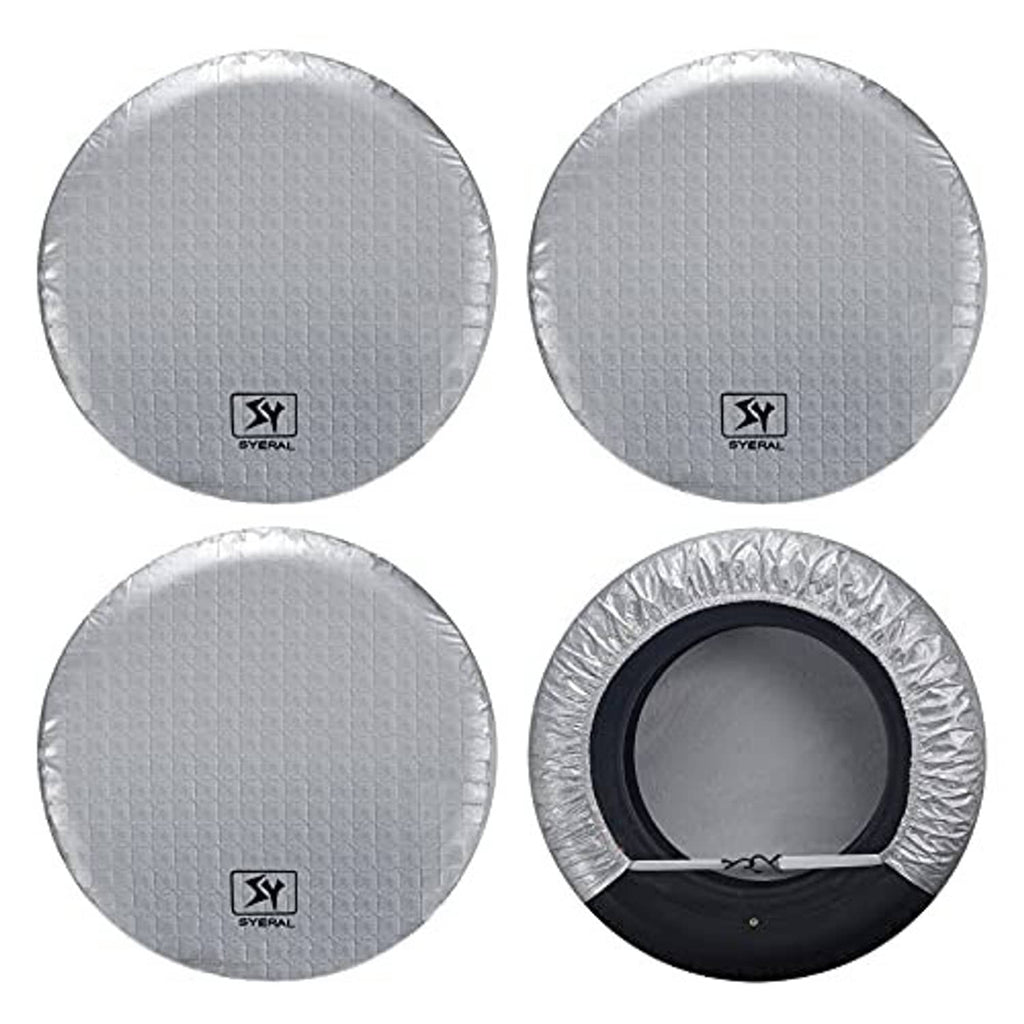 Set of 4 gray RV tire covers with Syeral logo; one cover shows black opening