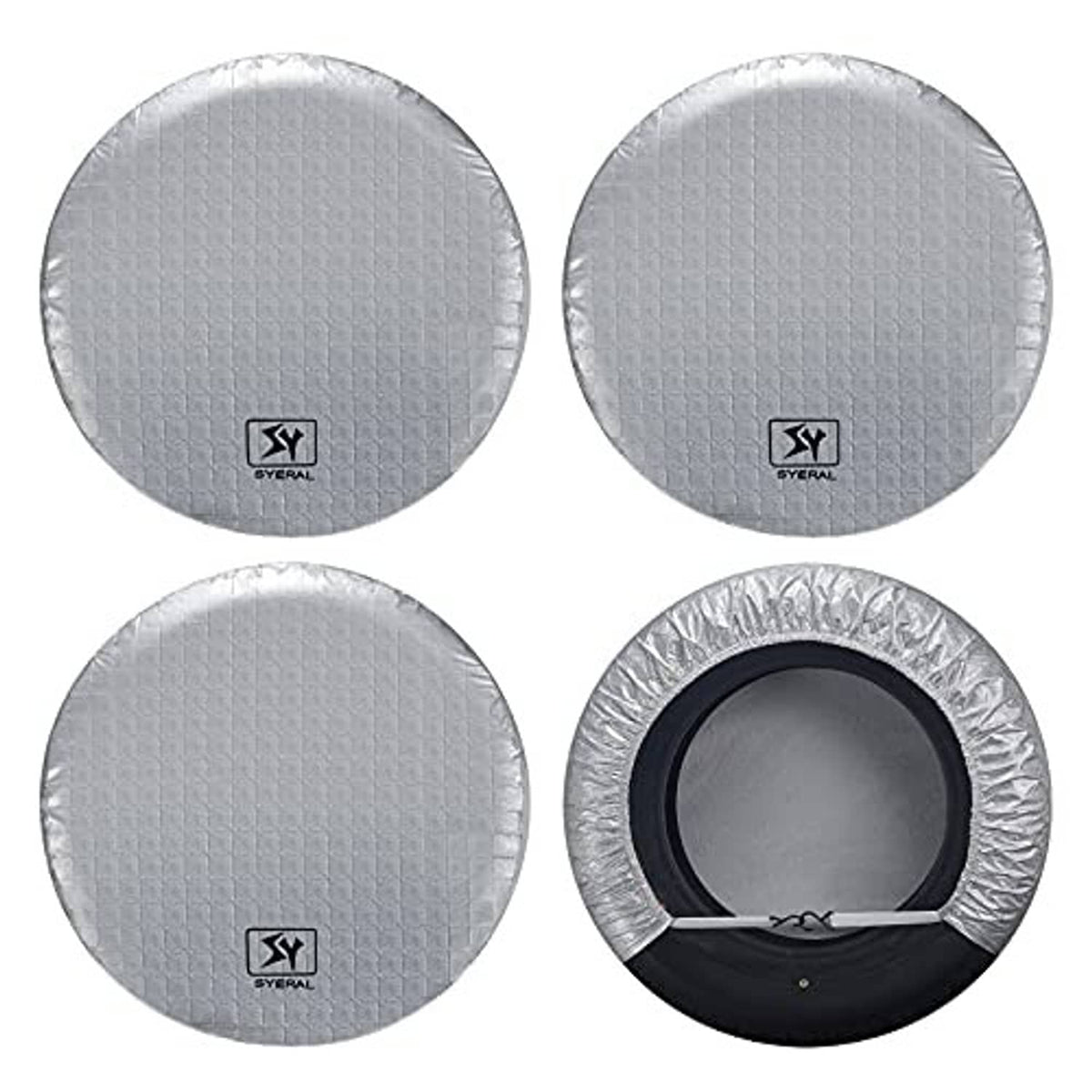 Set of 4 gray RV tire covers with Syeral logo; one cover shows black opening