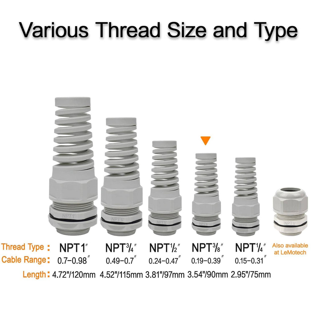 Various size grey NPT cable glands with different threaded ends and sealing nuts