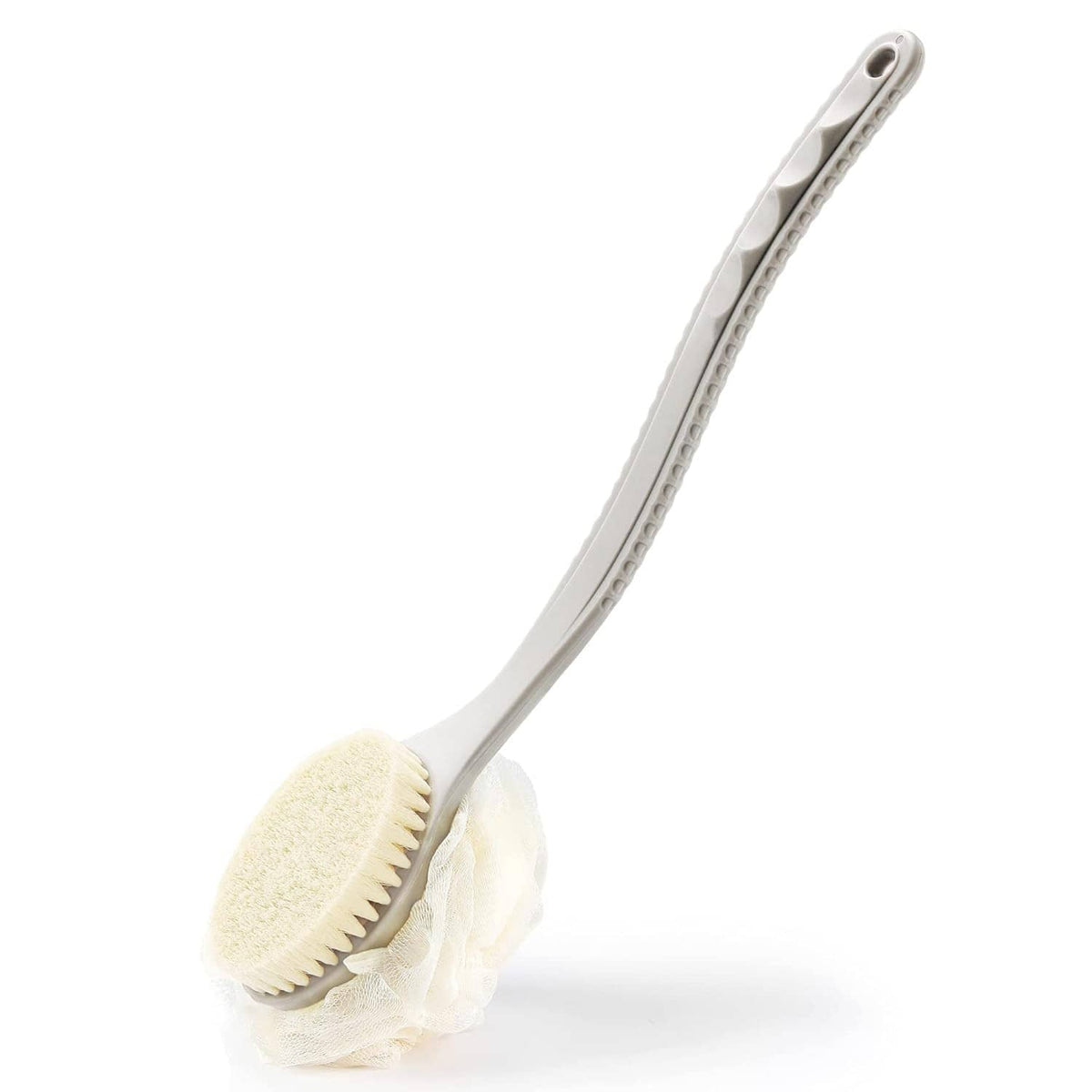 Shower body brush with arched grey handle and loofah sponge scrubbing head