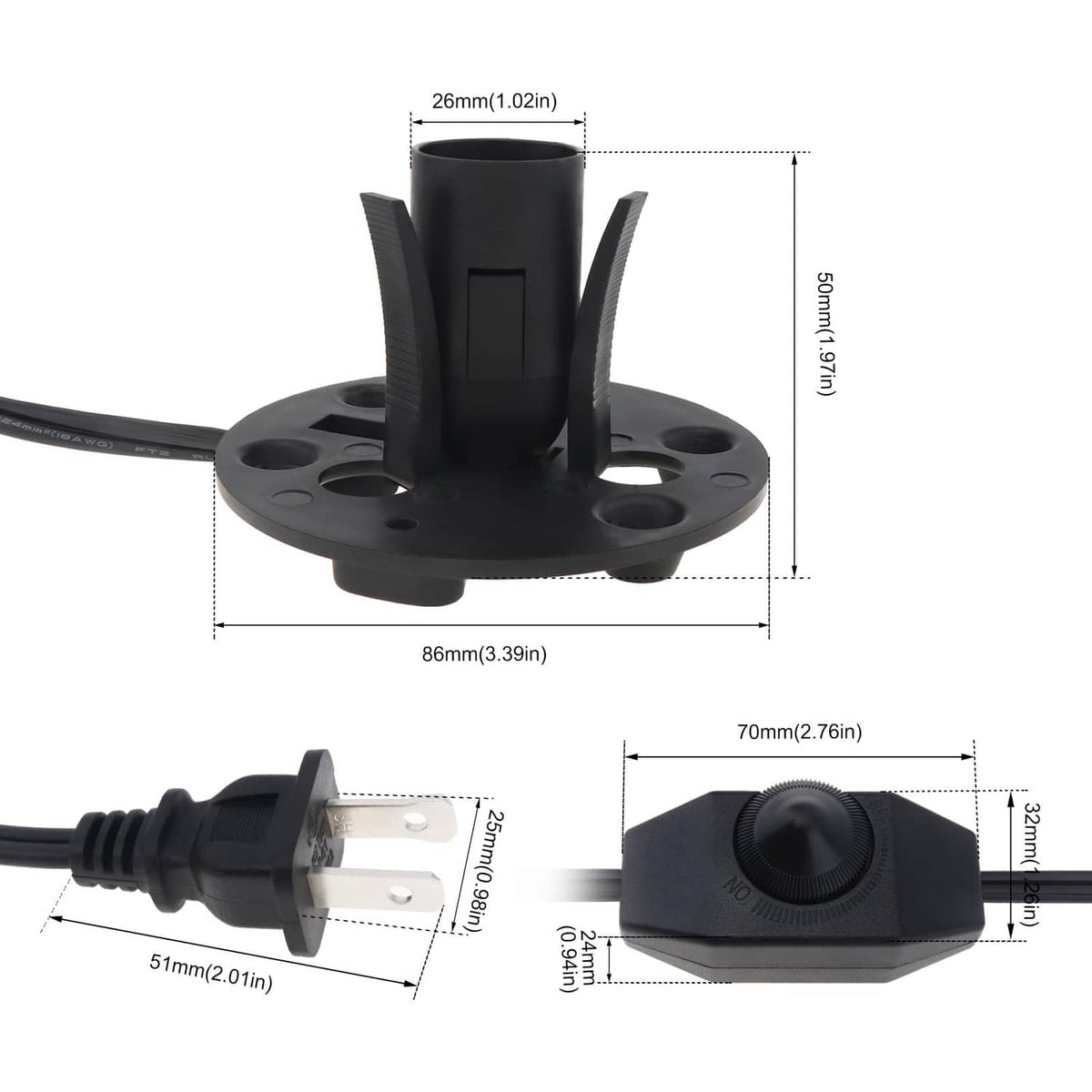 Black cord replacement with lamp socket base, adjustable switch, and detailed size view