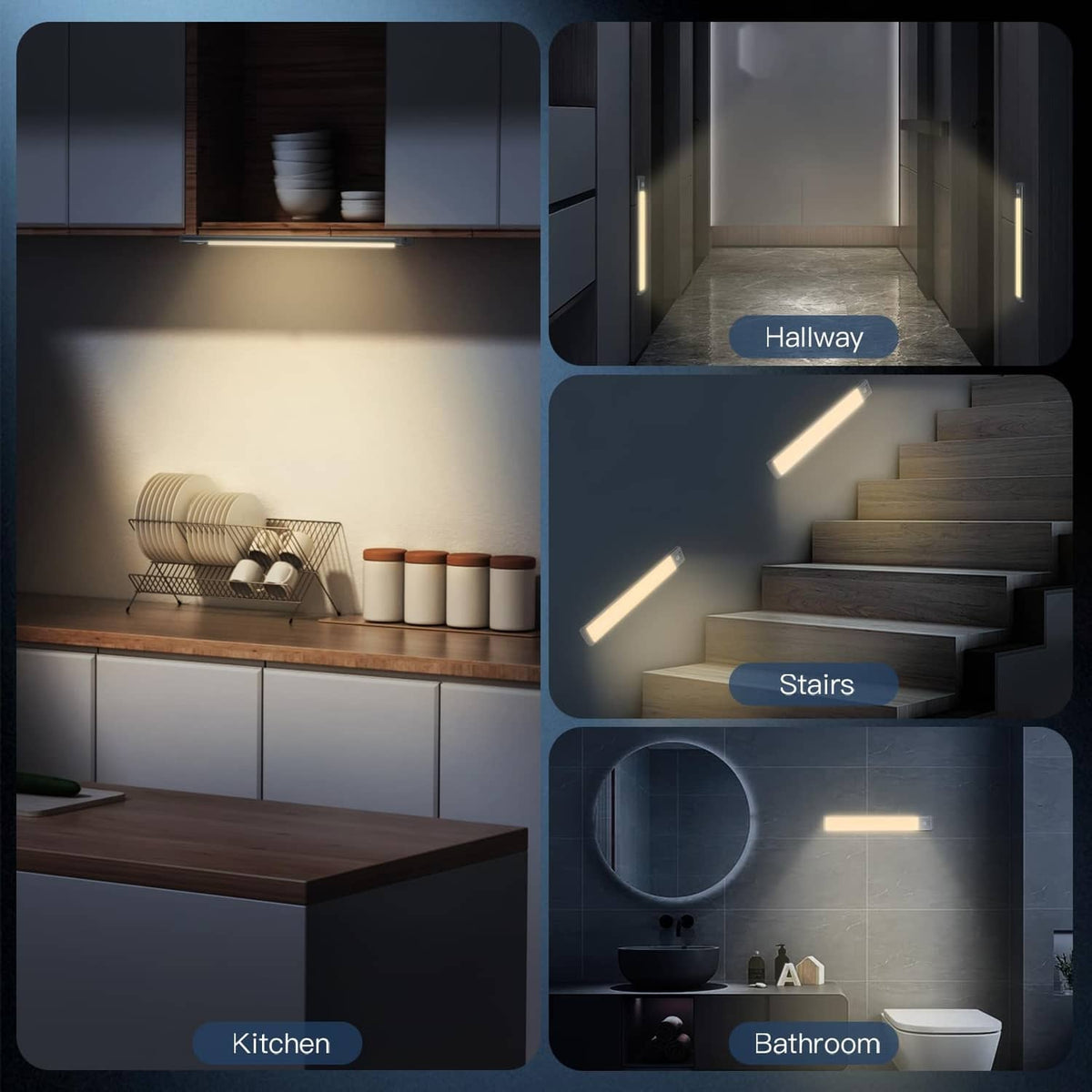 Under cabinet LED sensor lights for kitchen, hallway, stairs, and bathroom