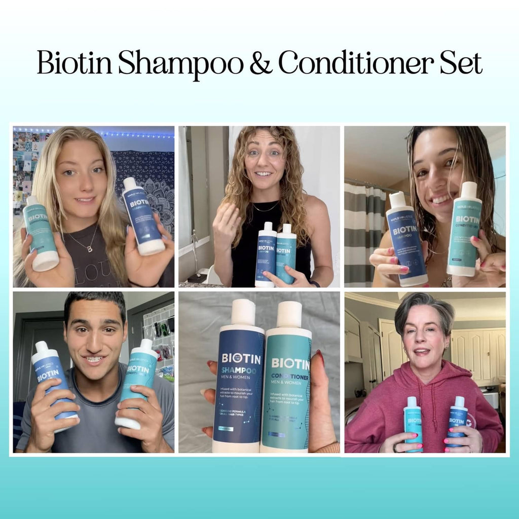 Biotin shampoo and conditioner set with two blue bottles and white caps