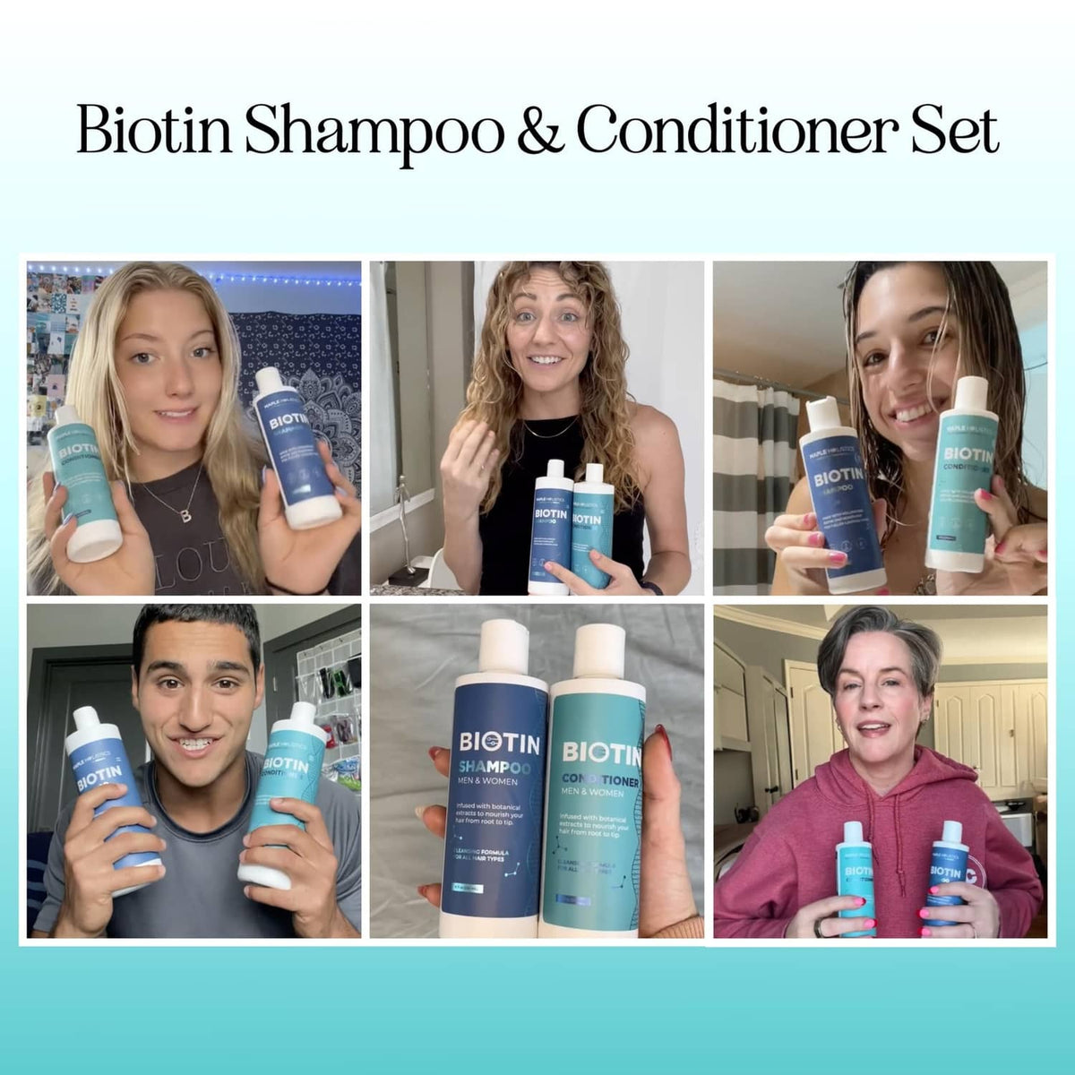 Biotin shampoo and conditioner set with two blue bottles and white caps