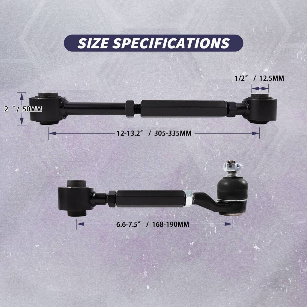 Black rear camber arms with ball-joint ends and hex-bar linkage, measured set