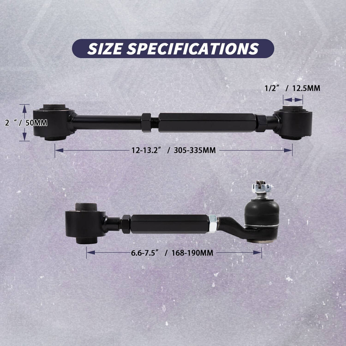 Black rear camber arms with ball-joint ends and hex-bar linkage, measured set