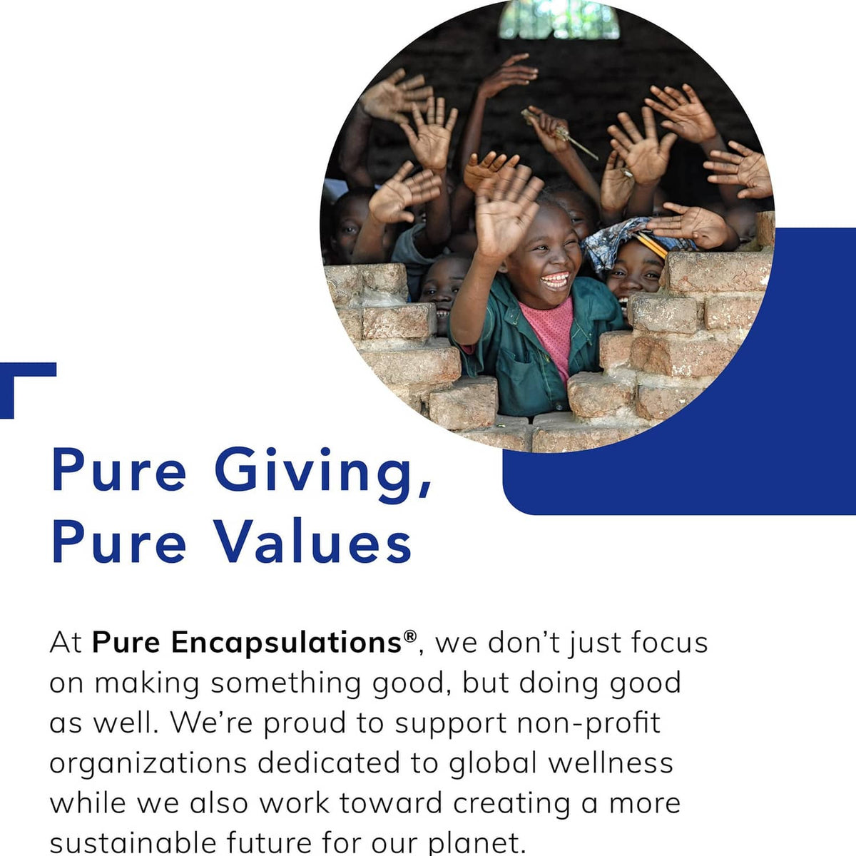 Pure Giving, Pure Values nonprofit support graphic with circle photo