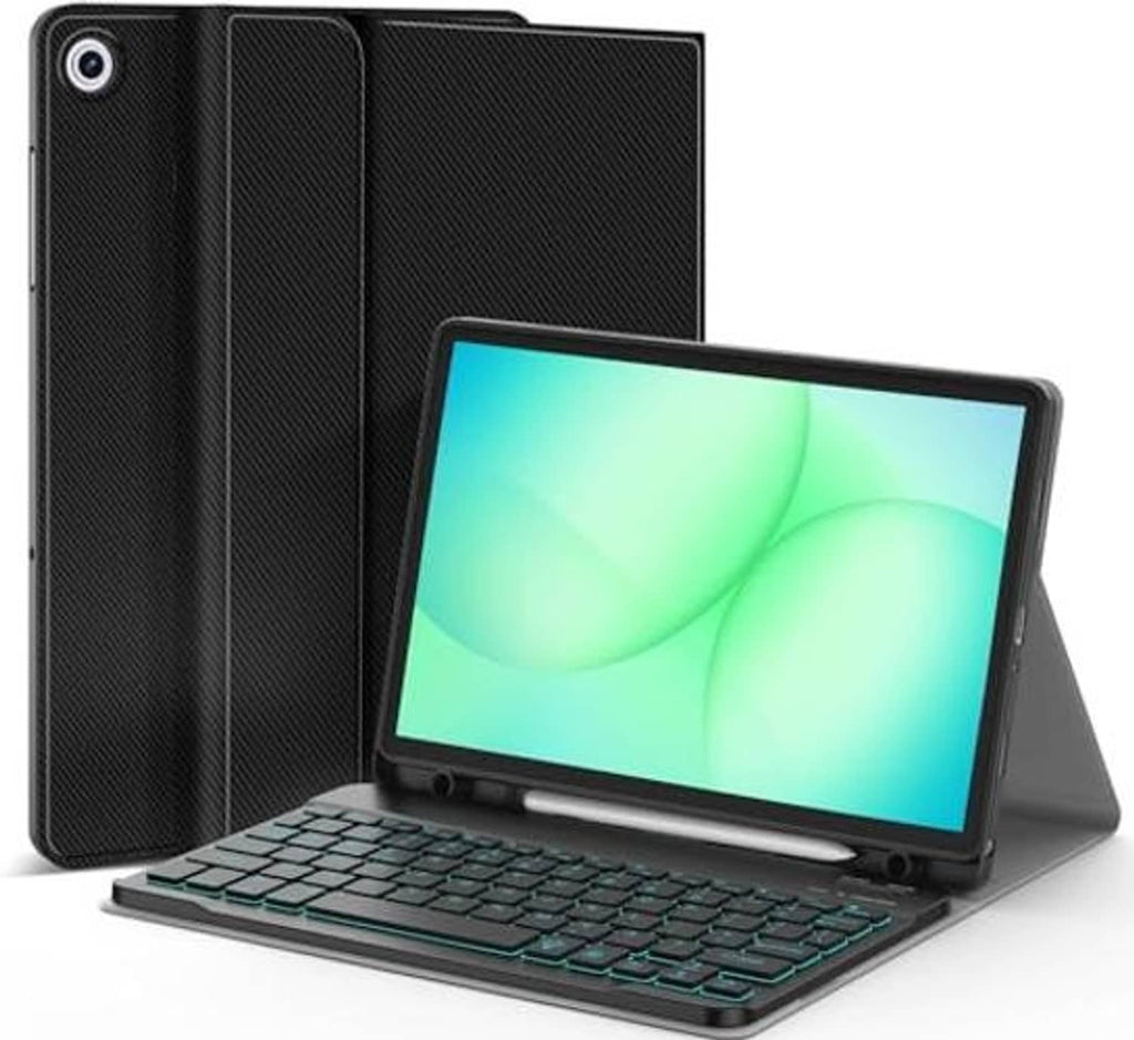 Black folding backlit keyboard case for tablet with green illuminated keys in typing stand