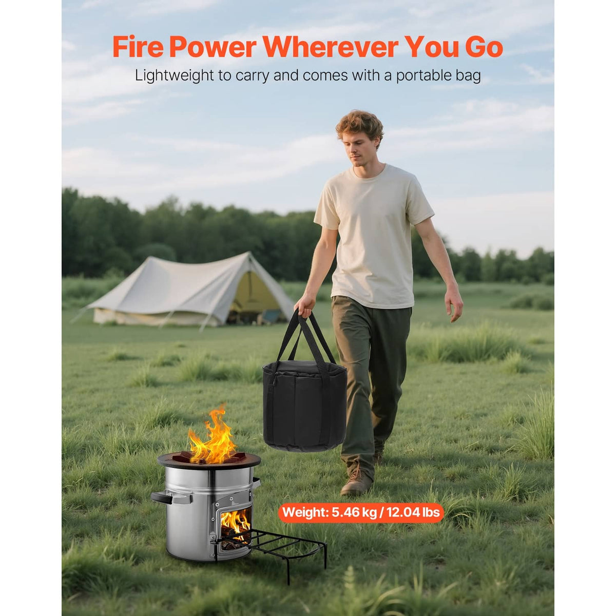 Rocket stove with portable carry bag and compact folding stand for camping use