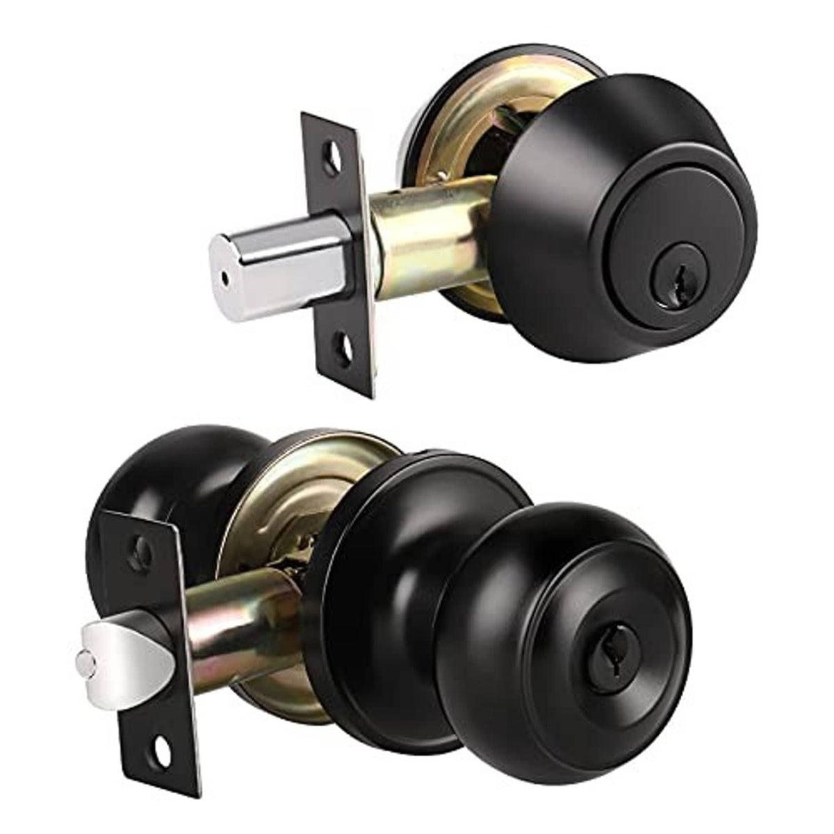 Matte black keyed deadbolt and door knob set with brushed metal latch and faceplate