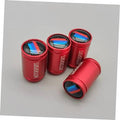 Red wheel valve stem caps with blue stripe inserts, chrome-style caps
