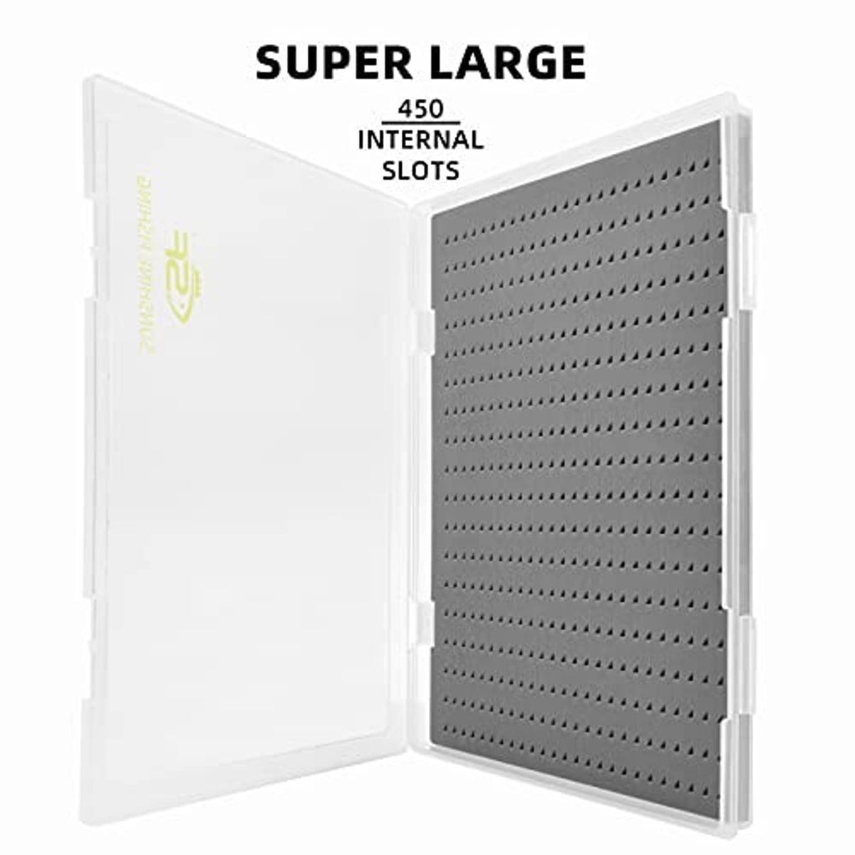 Extra-large clear fly fishing storage box open, showing gray slotted foam insert
