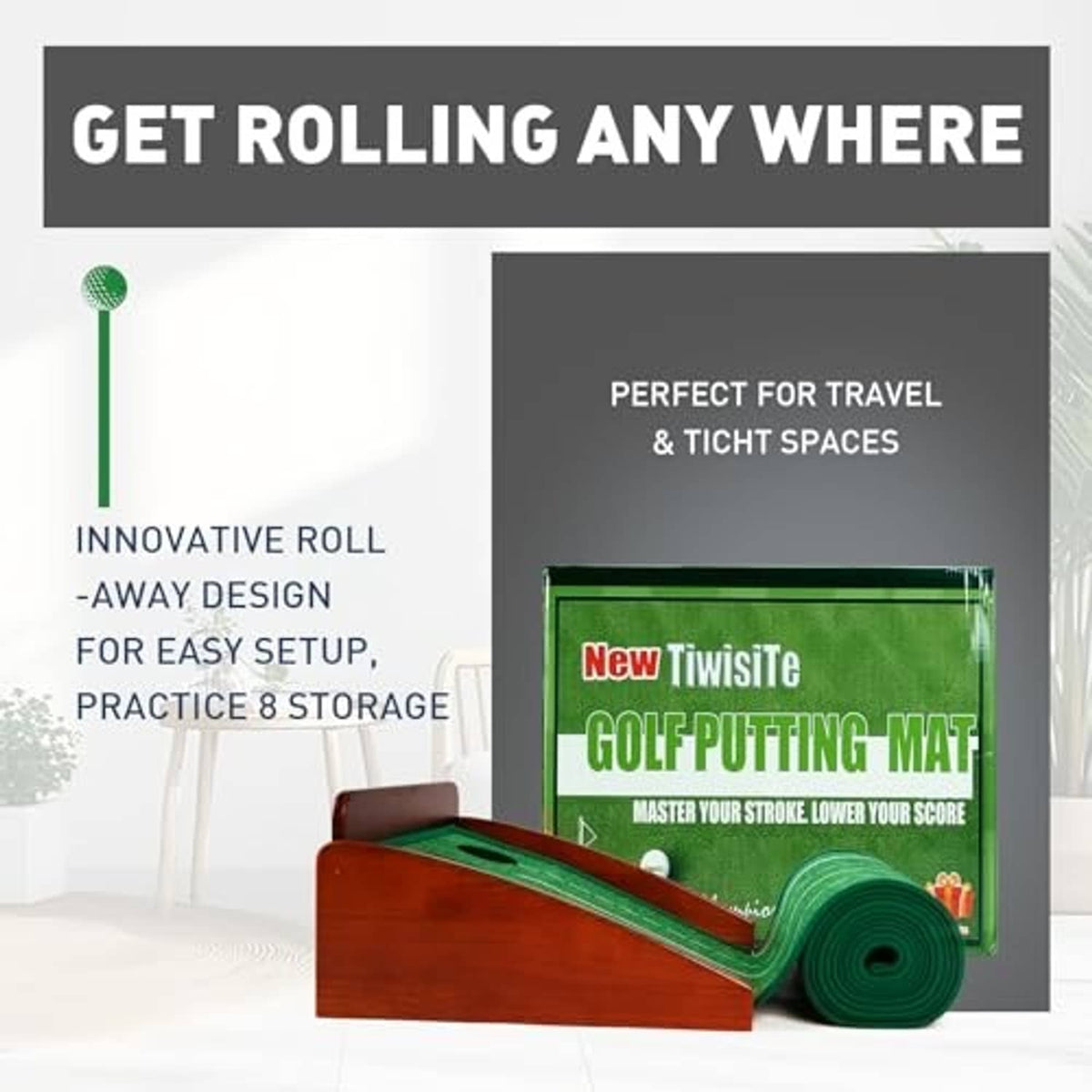 Roll-up golf putting mat with green lanes, wooden base, and storage case