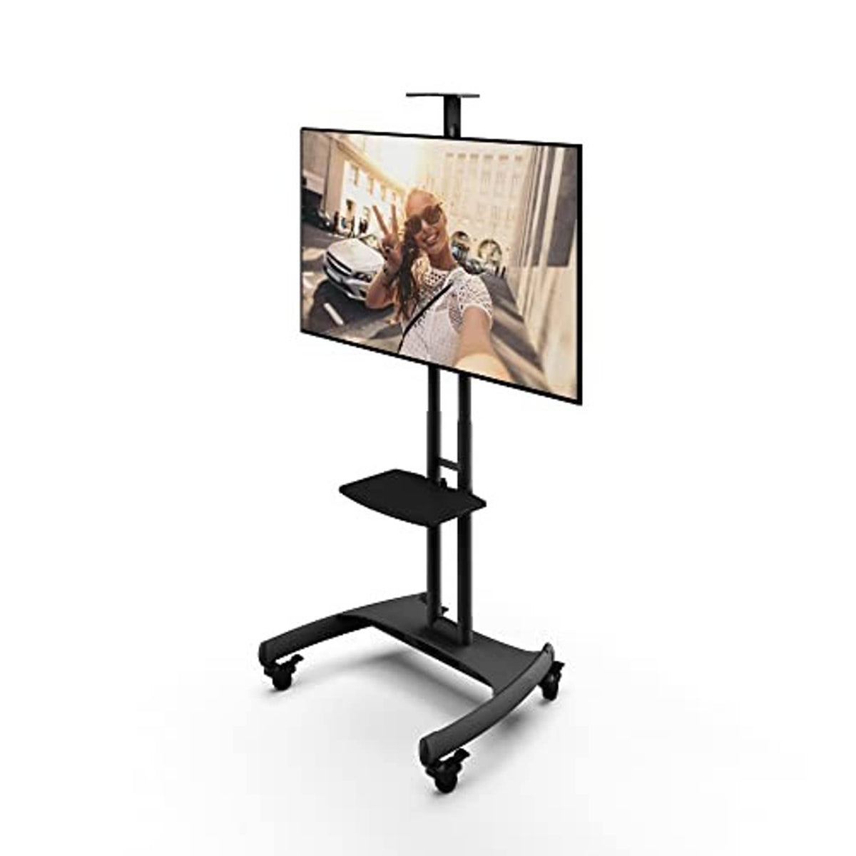 Height-adjustable mobile TV stand with black base and rolling casters, centered TV mount