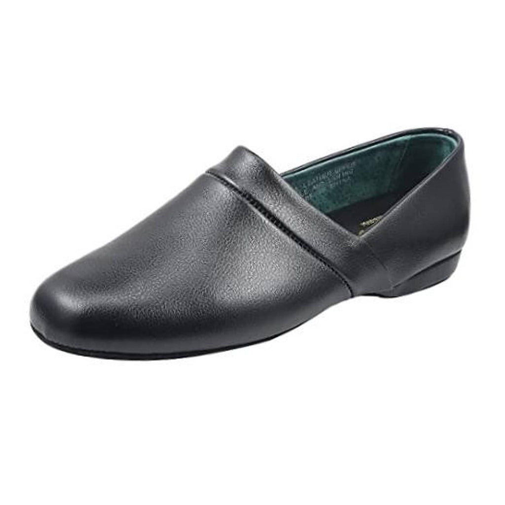 Men's black leather slip-on house slippers with low wedge heel and closed toe