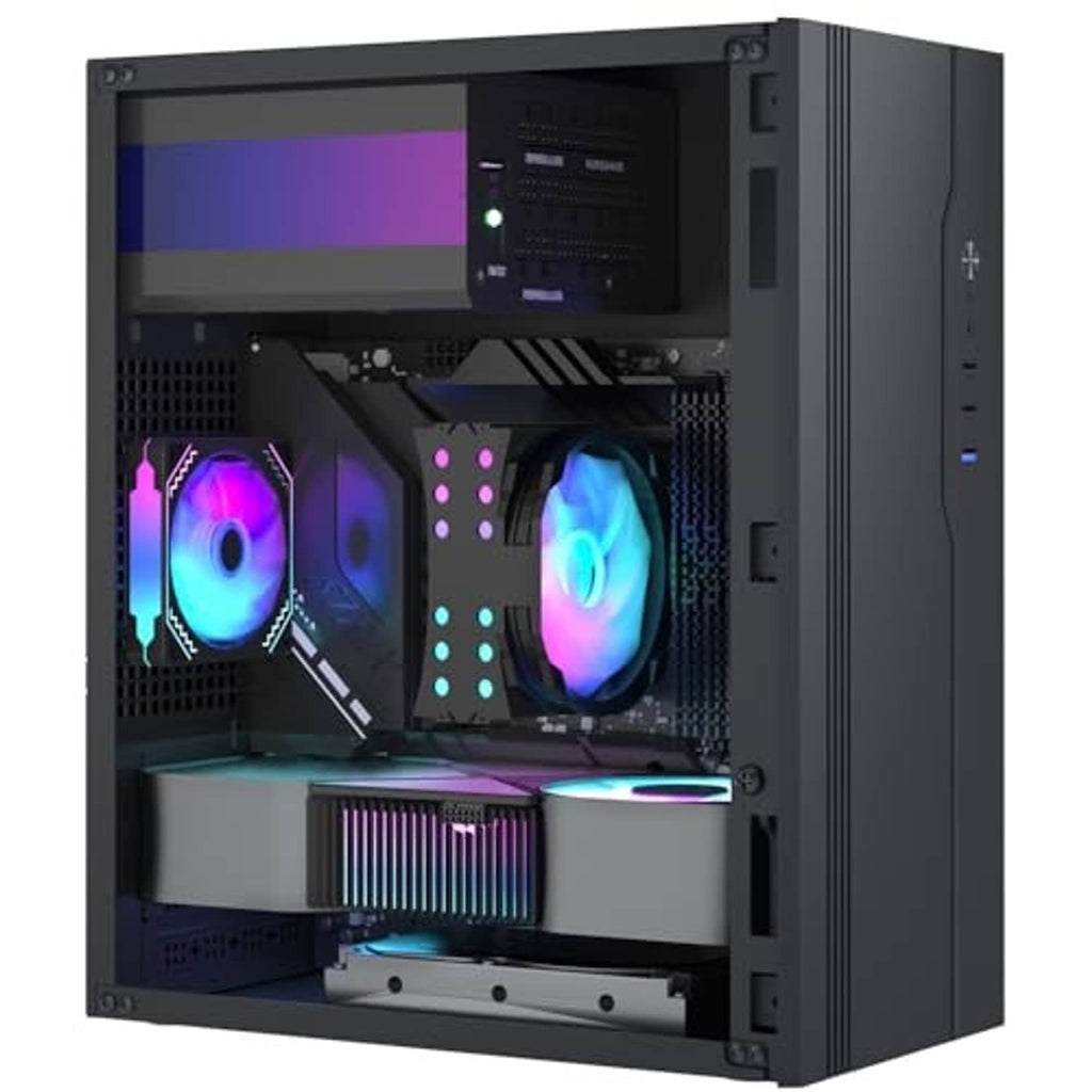 Open black mini PC case with RGB cooling fans, GPU area, and motherboard mounting tray