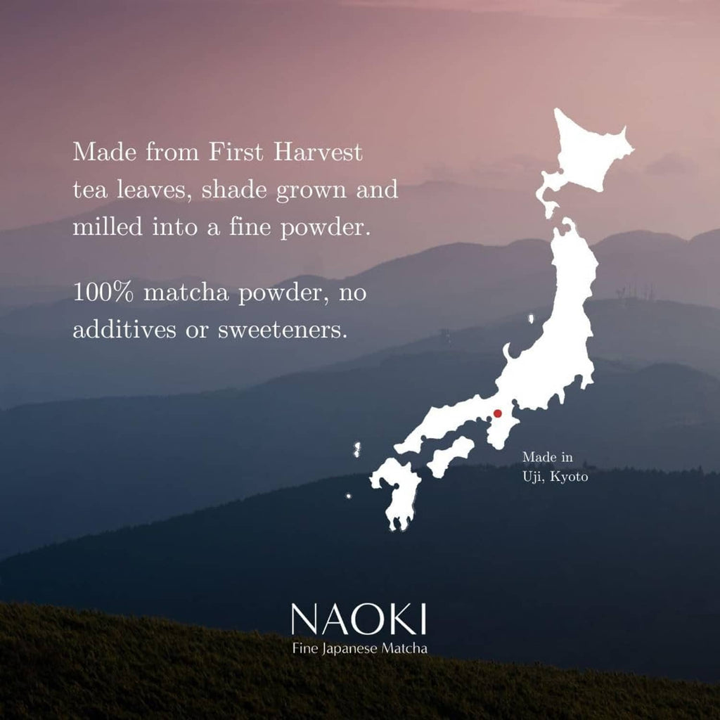 Tea region silhouette graphic with NAOKI Fine Japanese Matcha logo