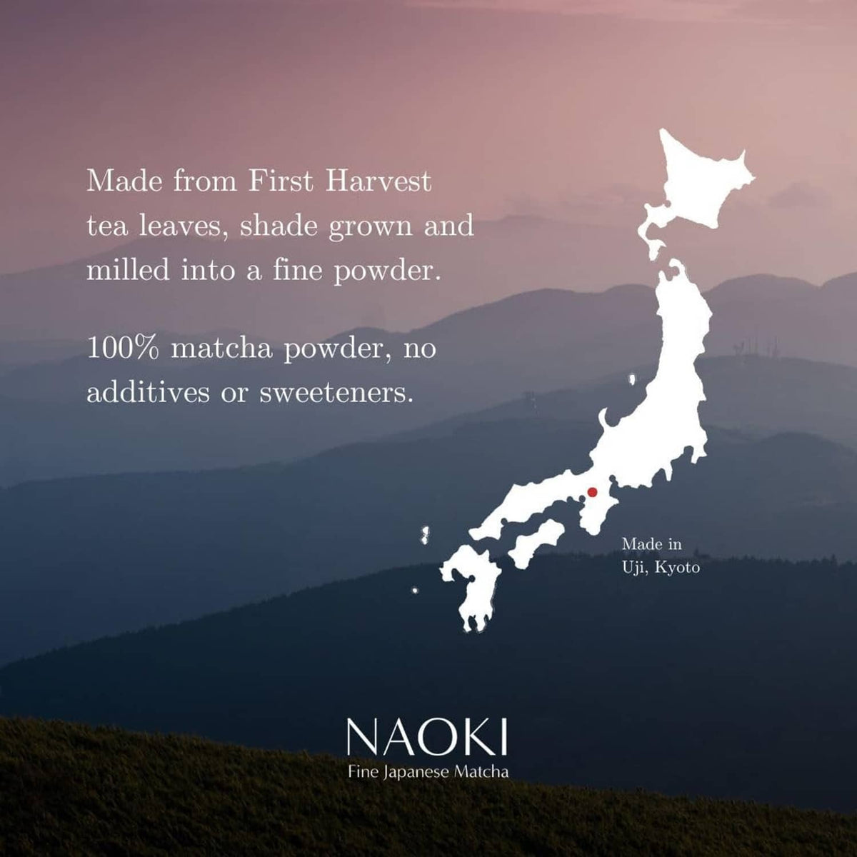 Tea region silhouette graphic with NAOKI Fine Japanese Matcha logo