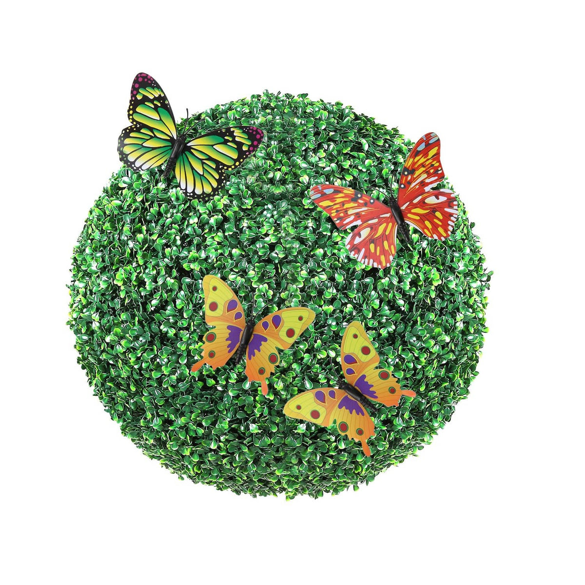 Artificial green topiary ball with colorful butterfly decor, faux greenery