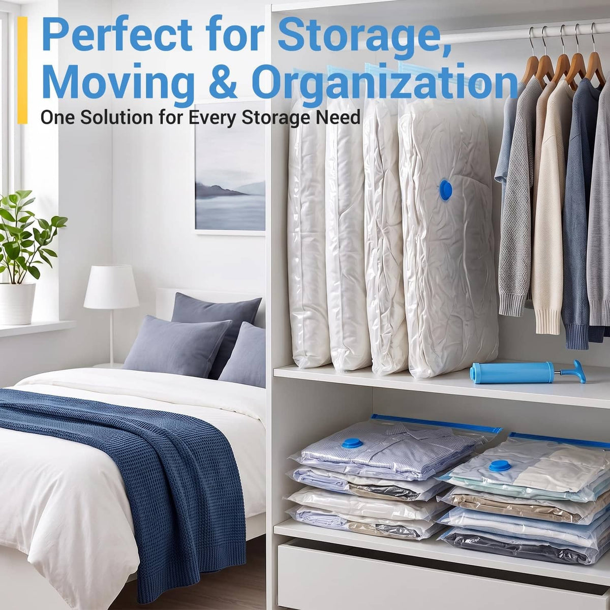 Vacuum storage bags on shelves with blue pump organizing compressed bedding and clothing