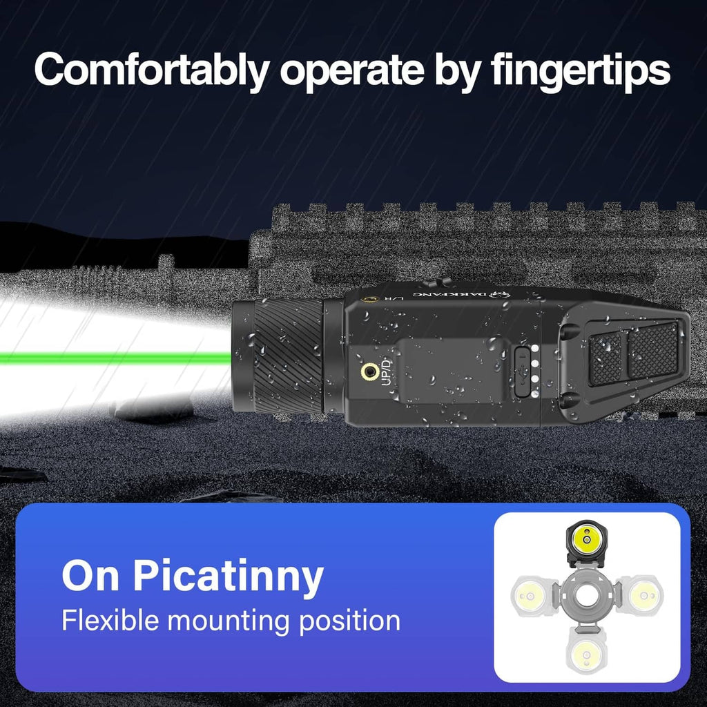 Black rugged laser flashlight with textured grip, front lens, and side switch controls