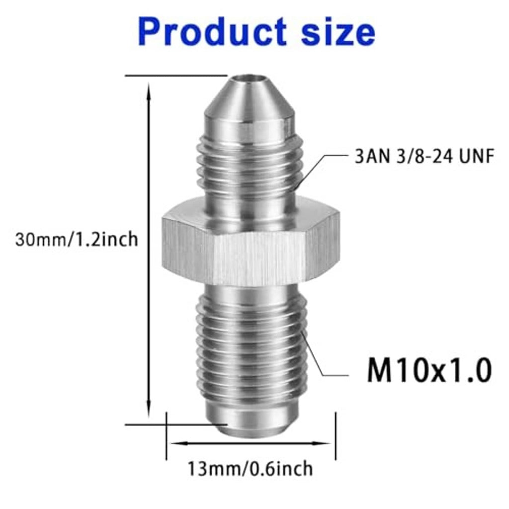 Stainless steel brake adapter with M10x1.0 and 3/8-24 UNF male threads, size shown