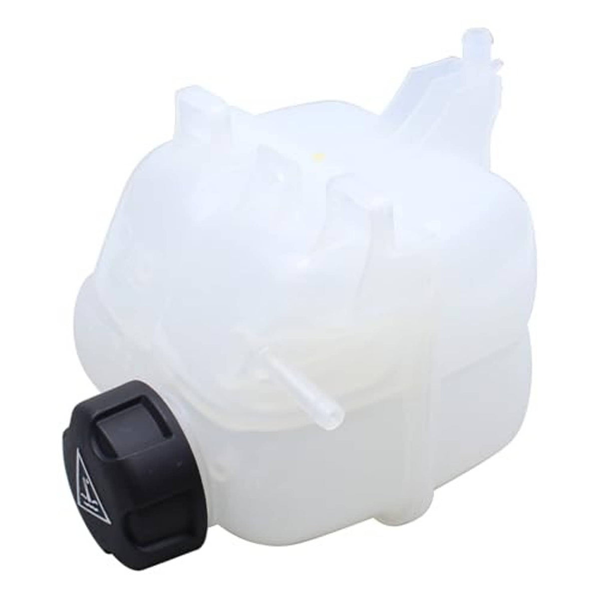 Translucent white coolant expansion tank with black cap on side