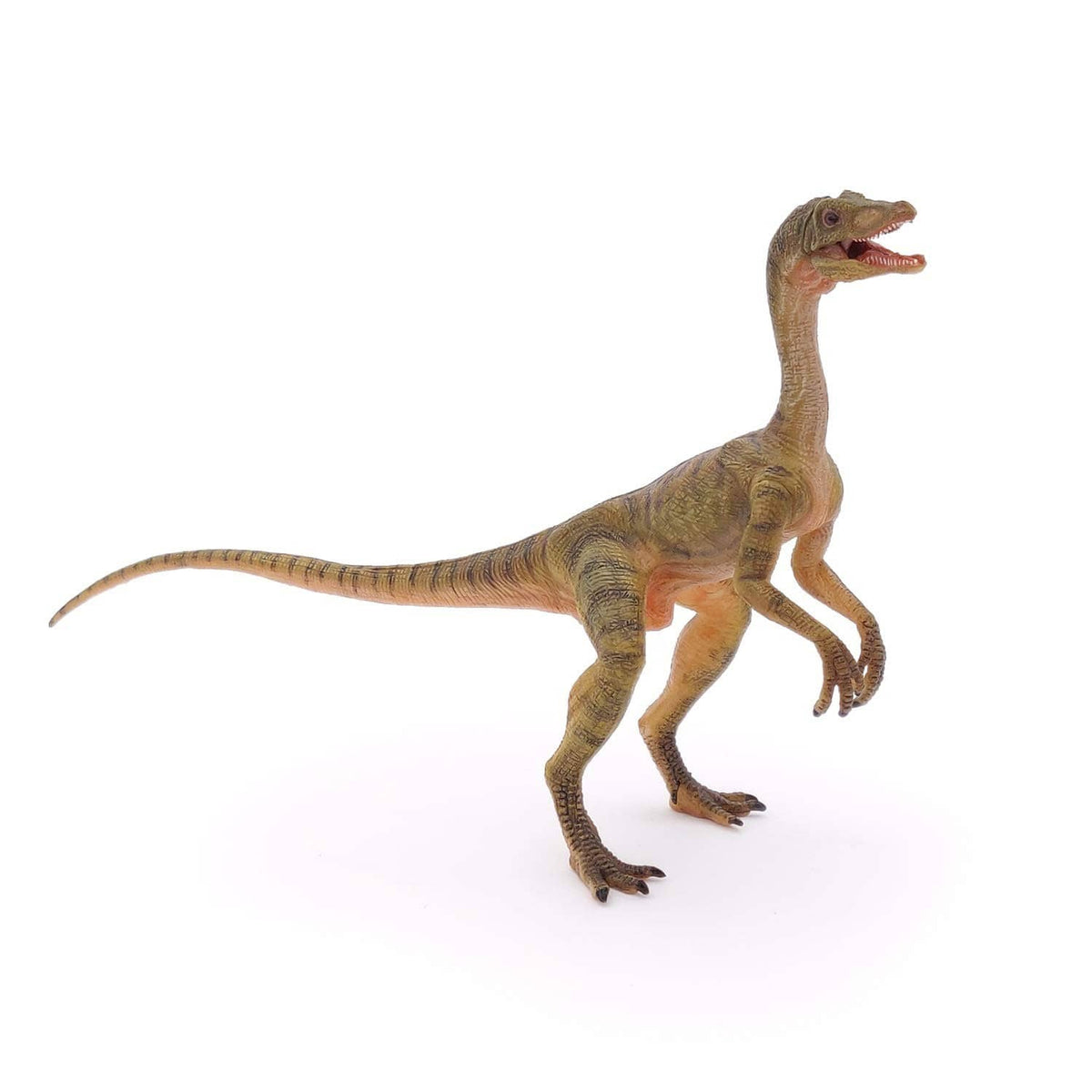Hand-painted Compsognathus dinosaur figure posed in profile with long tail.