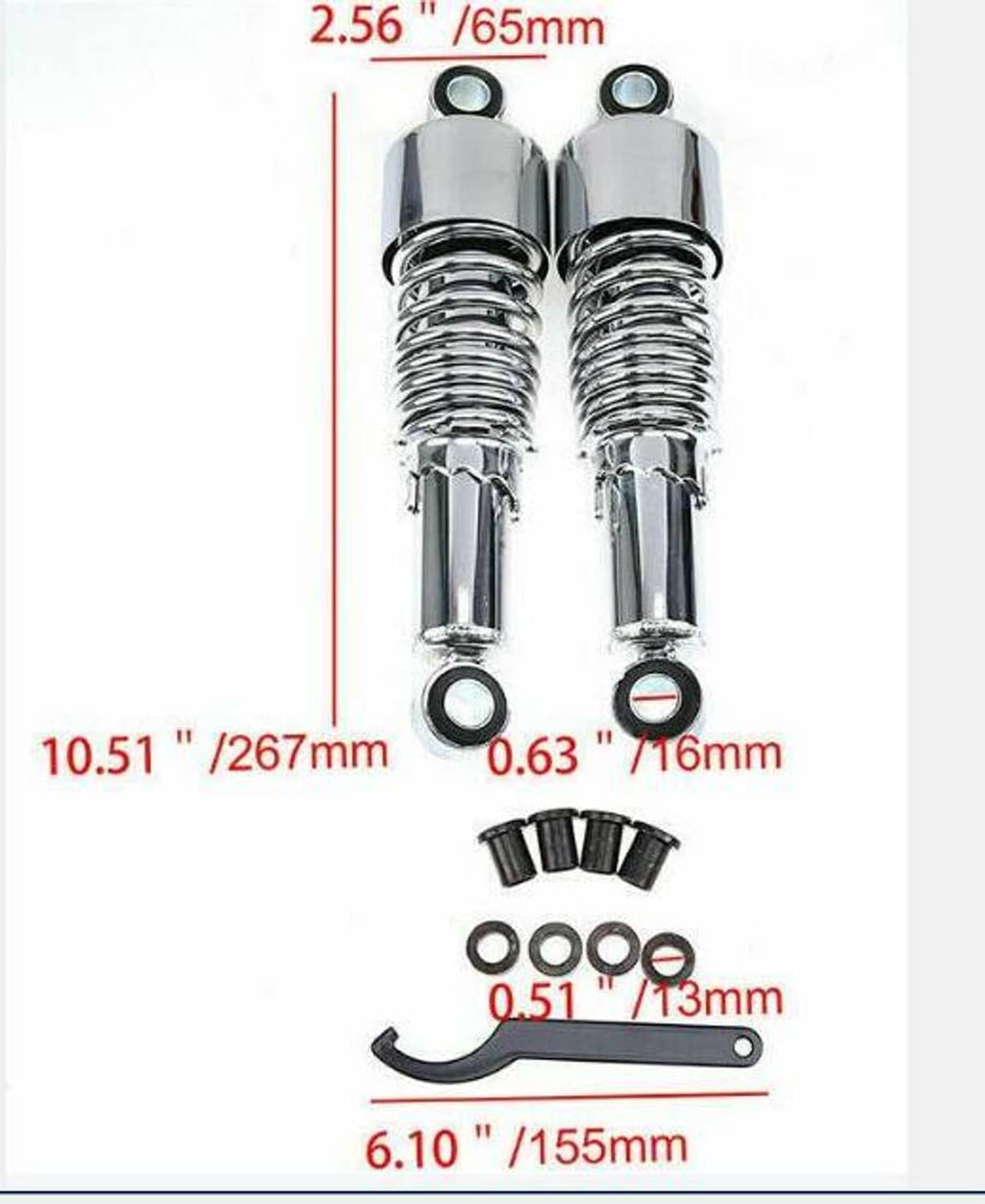 Rear shock absorber dimension diagram with spring and mounting measurements