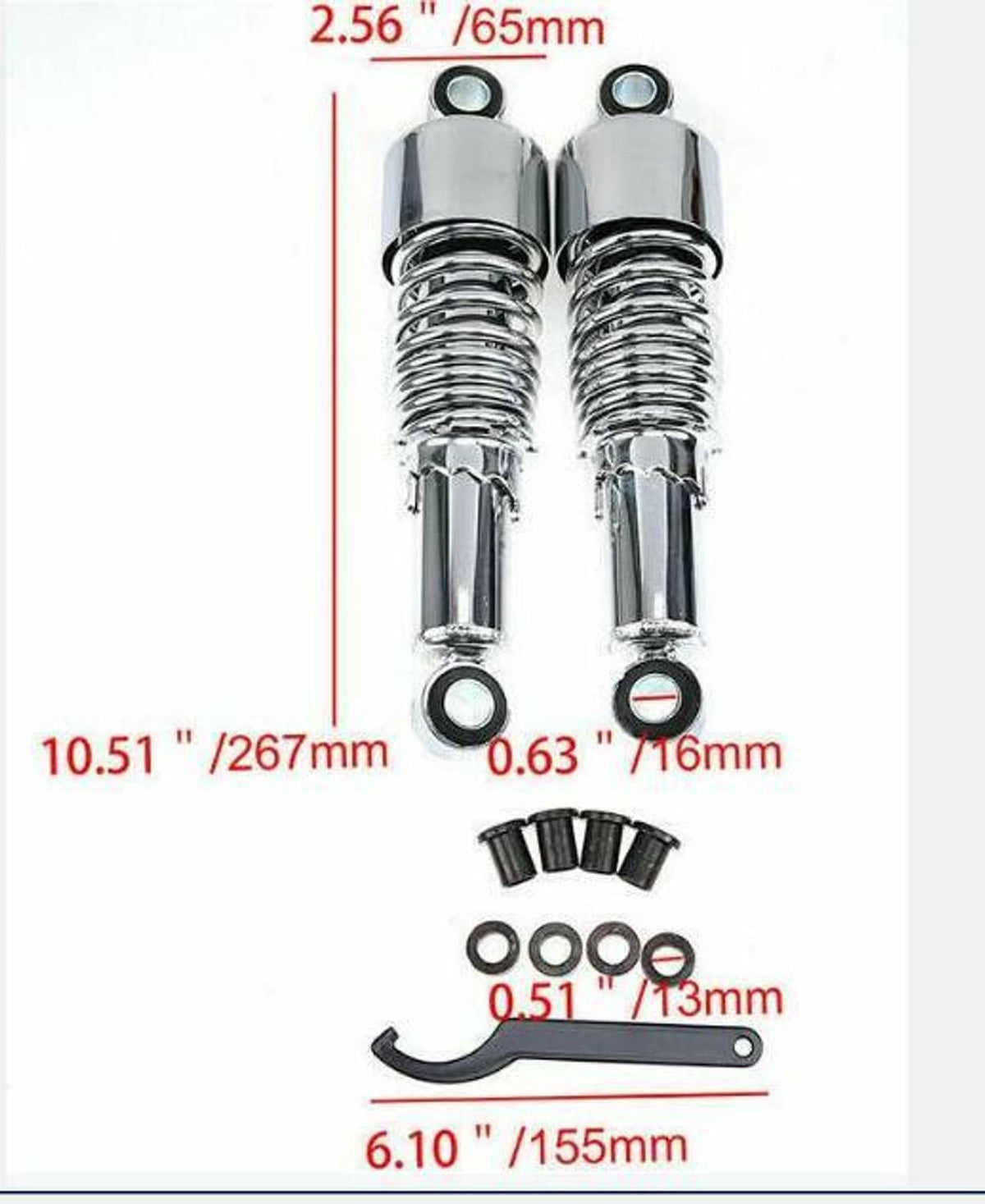 Rear shock absorber dimension diagram with spring and mounting measurements