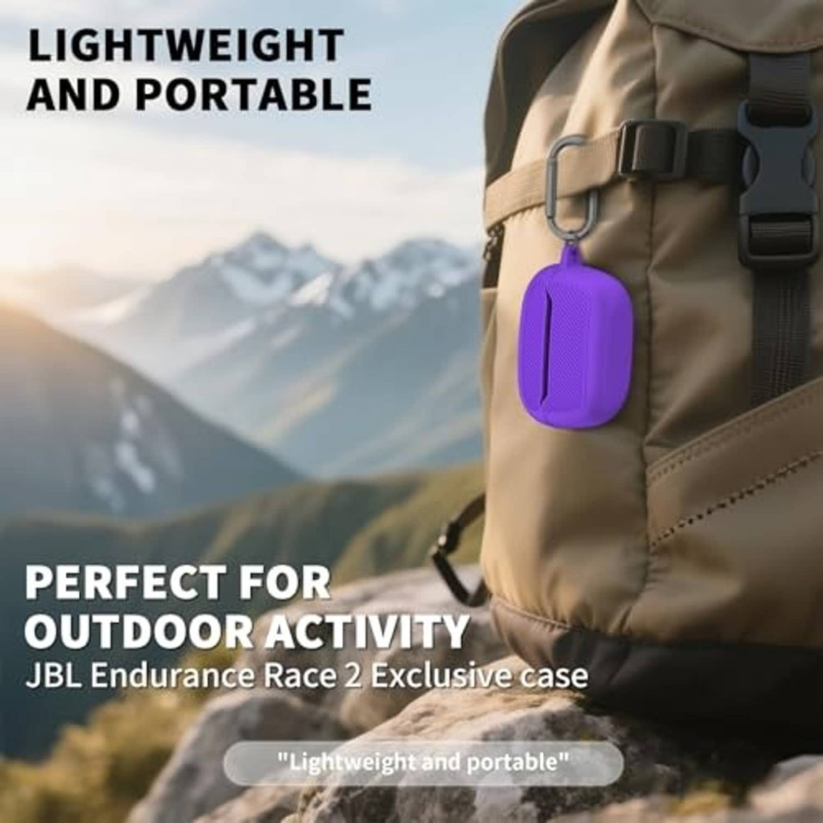 Purple silicone protective case with carabiner clipped to an outdoor backpack strap