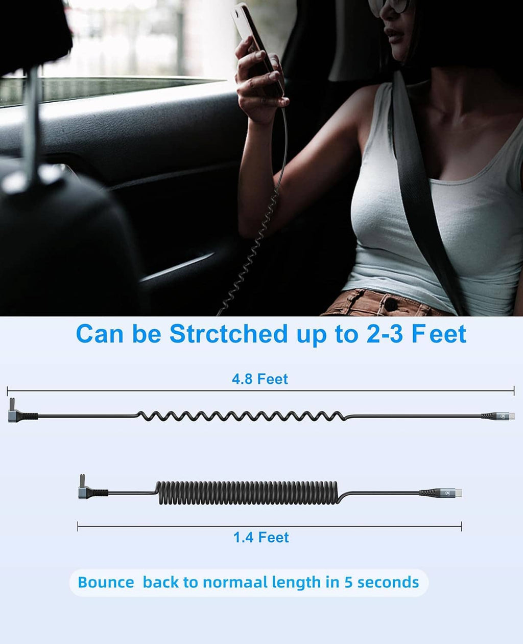 Coiled USB-A to USB-C cable shown extended, black with right-angle connectors