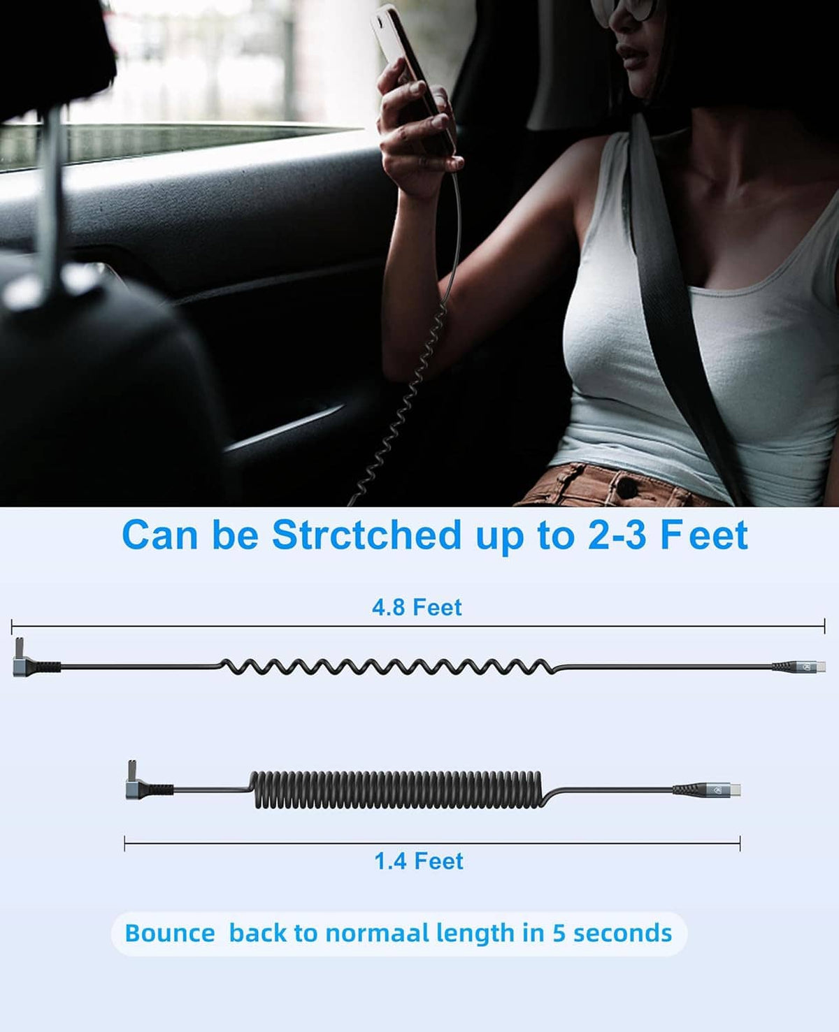 Coiled USB-A to USB-C cable shown extended, black with right-angle connectors