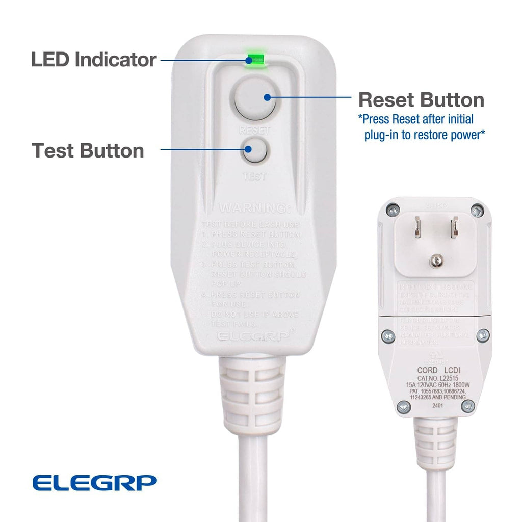 White LCDI power cord controller with LED indicator and test/reset buttons