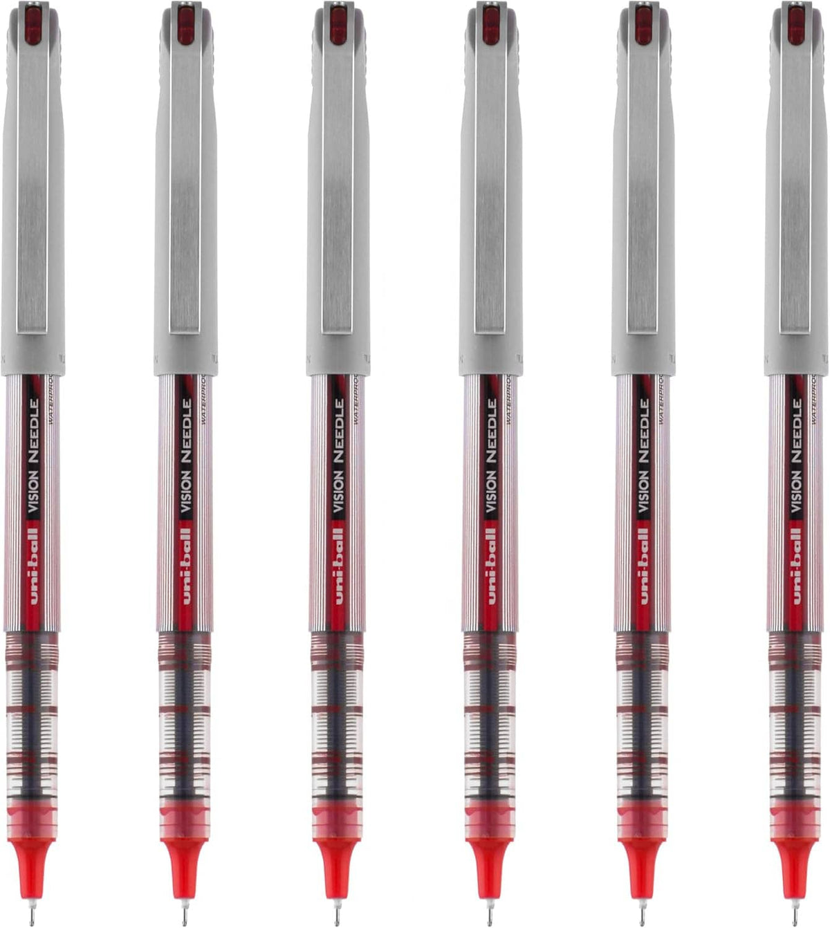 Set of 6 red-ink needle-tip rollerball pens with gray barrels and red tips.