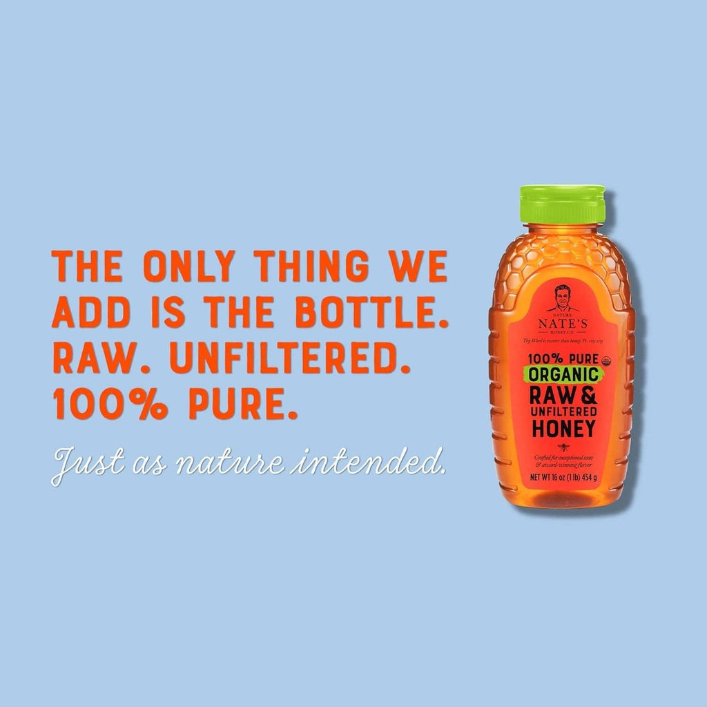 Nate's organic raw & unfiltered honey bottle with green cap, 100% pure