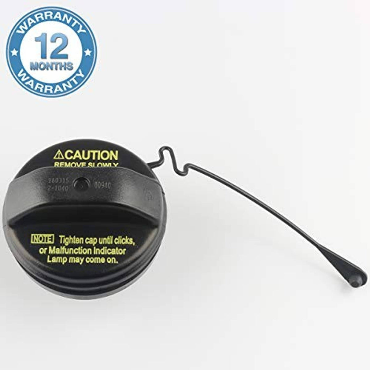 Black fuel cap with caution label and tethered handle, close-up